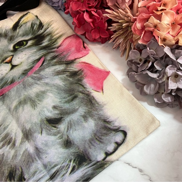 Eco-Friendly Gray Persian Kitten with Pink Bow Folding Tote Bag - Picture 9 of 13